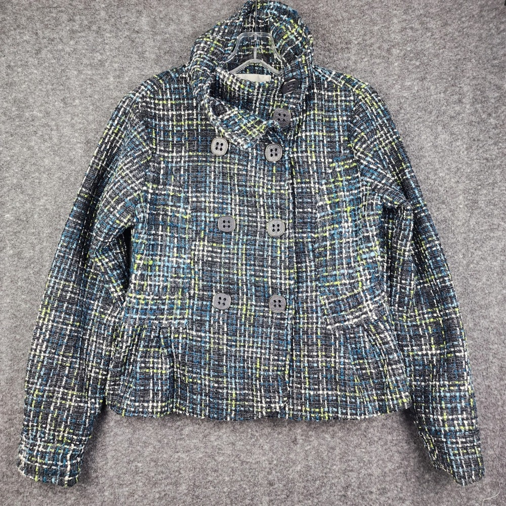 Oleg Cassini Jacket‎ Women M Grey Blue Tweed Double Breasted Peplum 6799TM-29